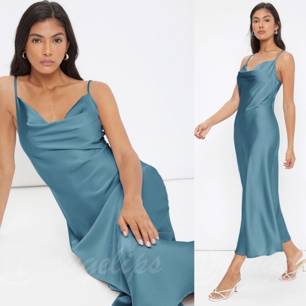 Blue Satin Cami Dress Midi  Adjustable Spaghetti Straps